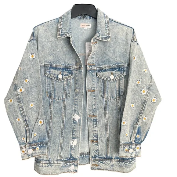 SUNSET & SPRING Cotton Embroidered Daisies Denim Jacket - NWT - Size XS - Picture 2 of 5